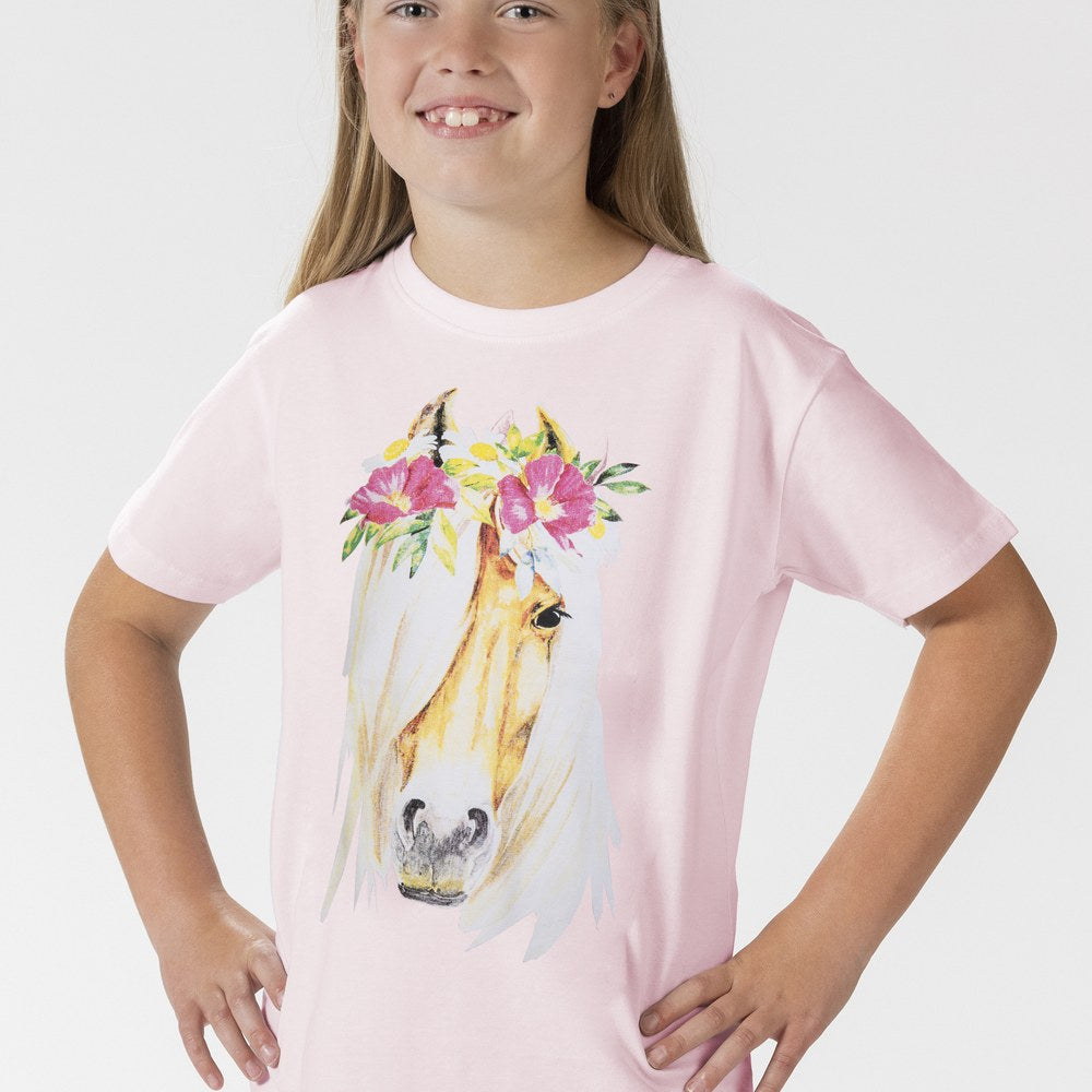 T-shirt d'équitation enfant Flower Horse Rose porté