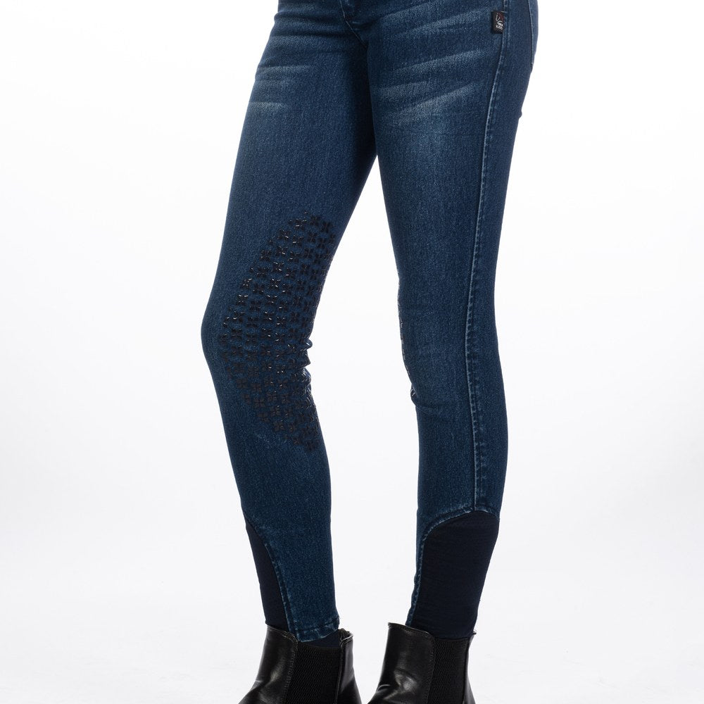 Pantalon d'équitation enfant Aymee Denim – basanes silicone Bleu foncé porté