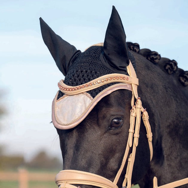 Bonnet anti-mouches pour poneys et chevaux HKM Rosegold Glitter