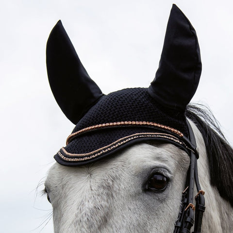 Bonnet de travail pour poneys et chevaux HKM Glamour noir avec détails rosegold