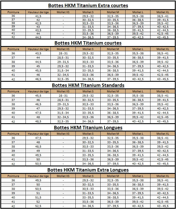 Guide des tailles pour les bottes d'équitation HKM Titanium