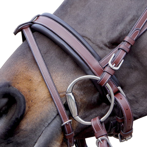 Bridon avec muserolle pull back pour poneys et chevaux Flags and Cup Madrid marron porté détail