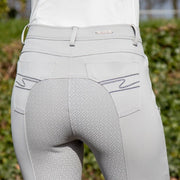 Pantalon d'équitation full grip pour cavalières HKM Equilibrio gris porté détail poches arrières