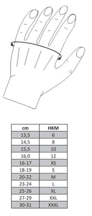 Tableau de tailles des gants d'équitation pour femmes du XS au XL HKM Classic Polo