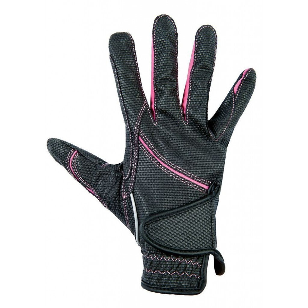 Gants d'équitation en taille adulte HKM Fashion noirs et fuchsia