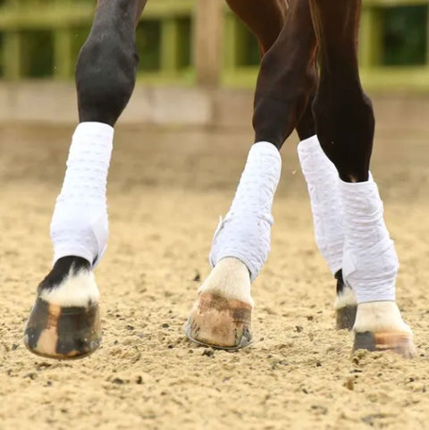 Guêtres de travail pour poneys et chevaux Equilibrium Stretch&Flex intégrales blanches portées