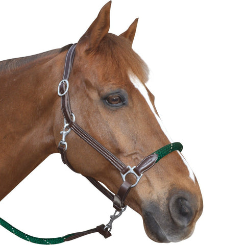 Licol pour poneys et chevaux Canter Corde cuir marron et corde verte