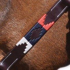 Licol en cuir brodé pour poneys et chevaux Flags&Cup Chukka marron bleu/blanc/rouge