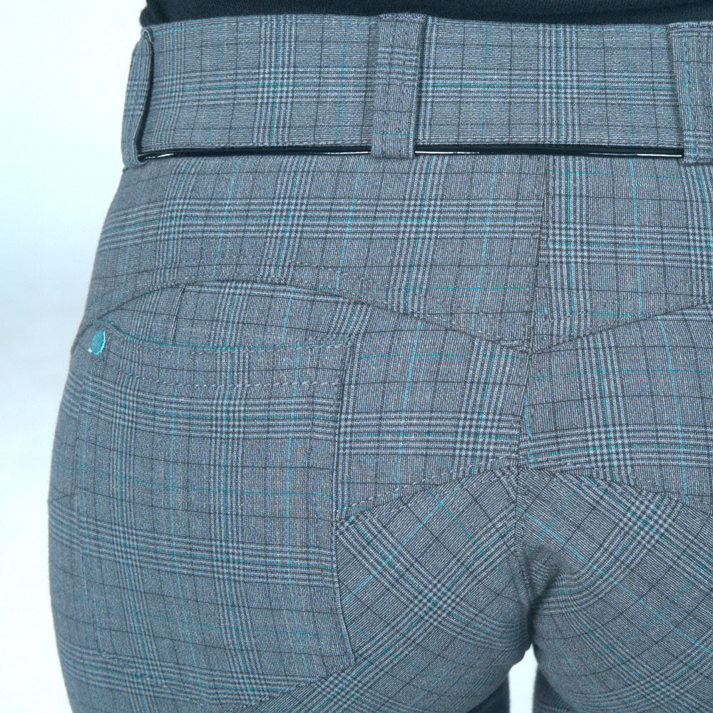 Pantalon d'équitation avec basanes grip pour cavalières Flags&Cup Checks en tissu à carreaux Prince de Galles détail fond découpé et poche plaquée