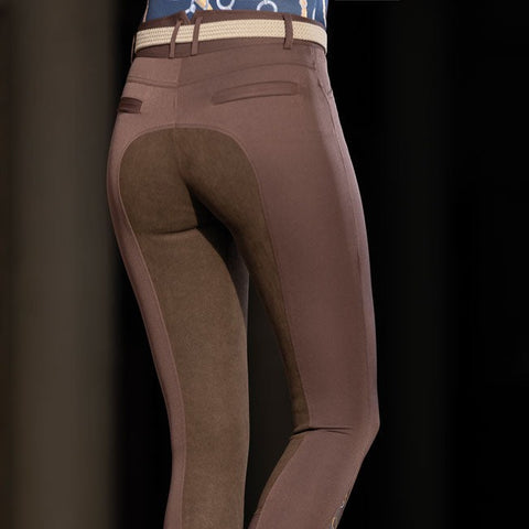 Pantalon équitation fond peau pour femmes du 34 au 48 HKM Allure taille haute marron porté