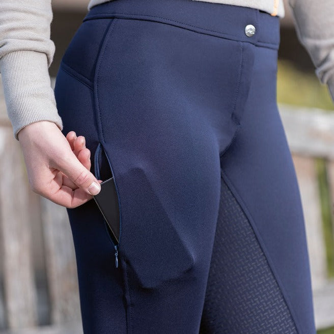 Pantalon d'équitation pour cavalières du 34 au 46 HKM Mila full grip taille haute marine détail poche