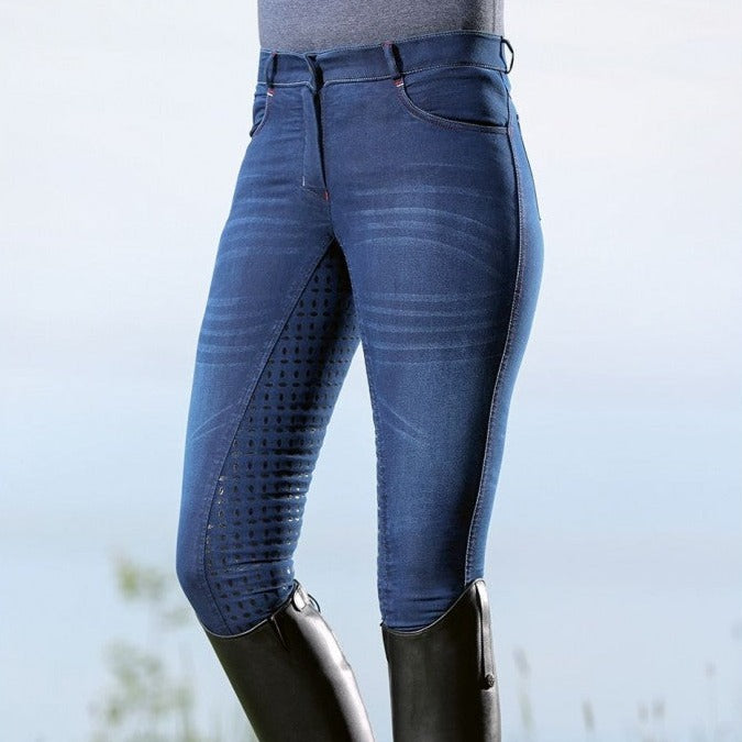 Pantalon d'équitation en jean pour cavalières du 34 au 46 HKM Summer Denim full grip