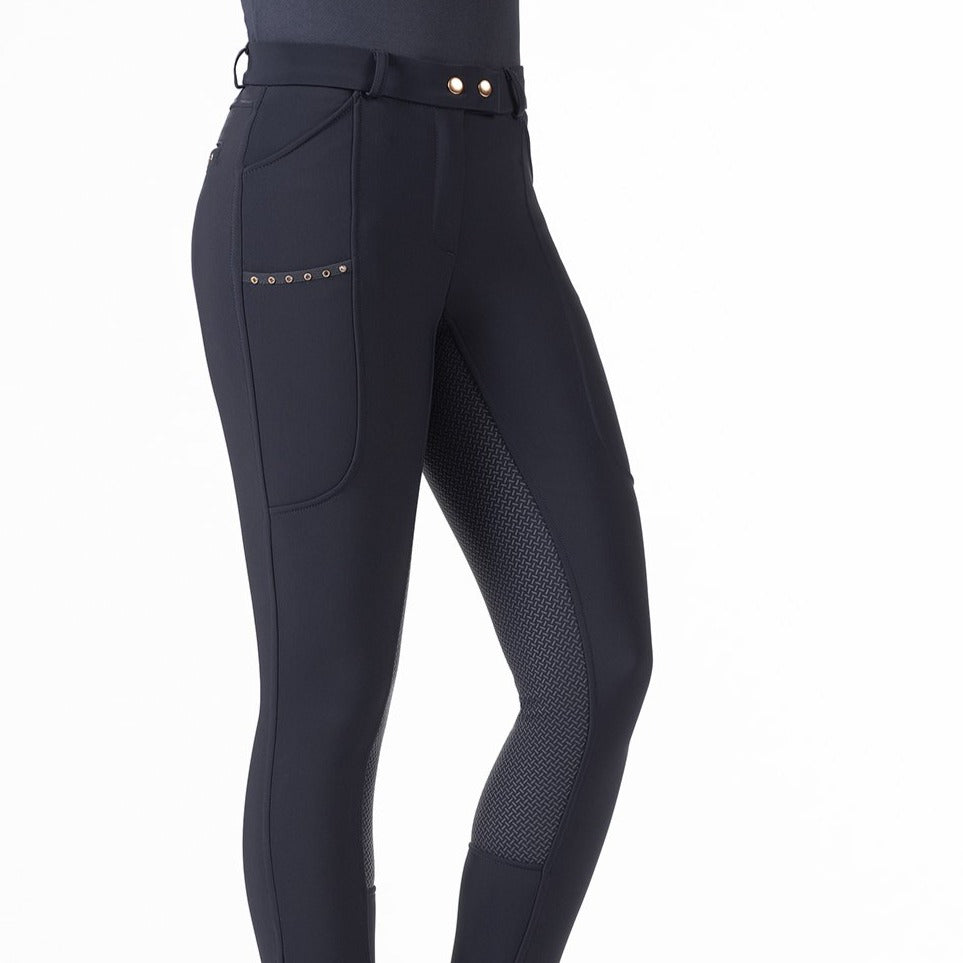 Pantalon d'équitation doublé polaire pour cavalières HKM Glamour full grip marine porté