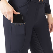 Pantalon d'équitation doublé polaire pour cavalières HKM Glamour full grip marine détail poche de téléphone