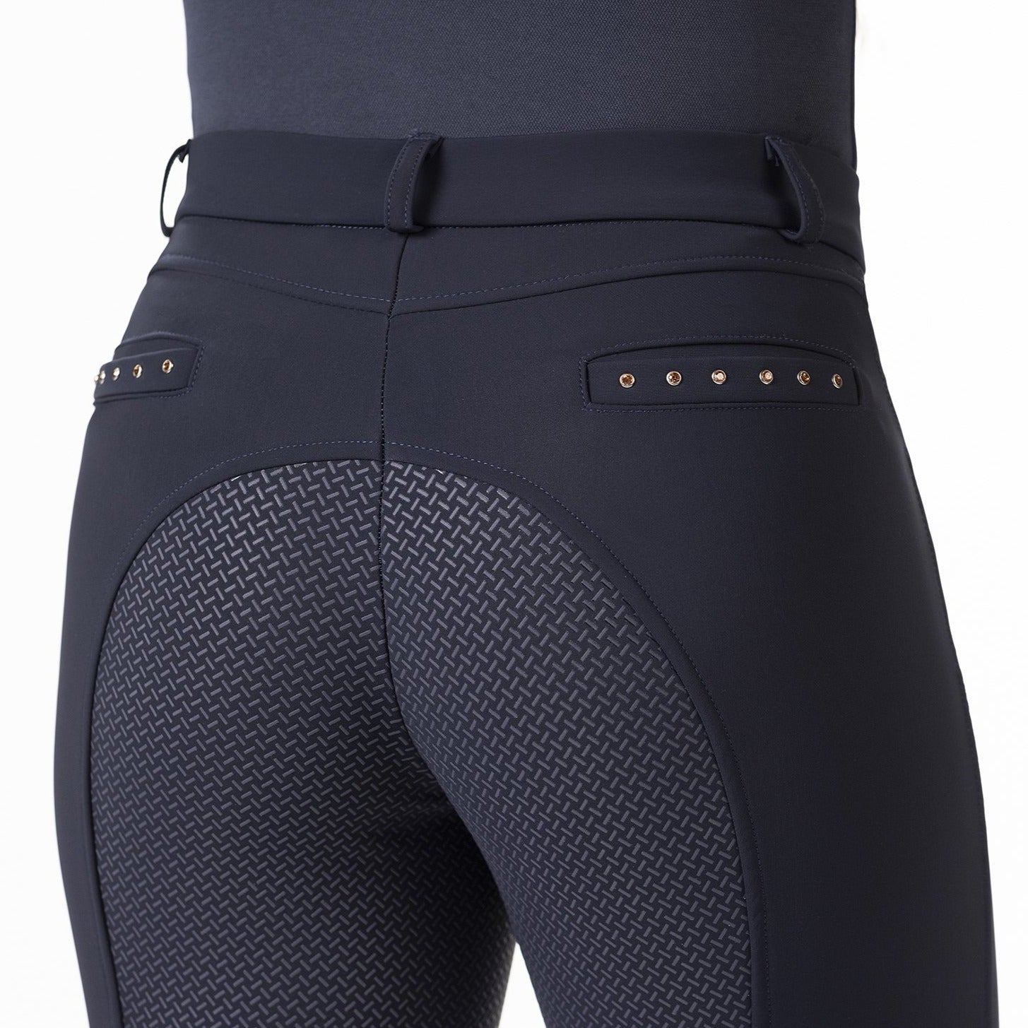 Pantalon d'équitation doublé polaire pour cavalières HKM Glamour full grip marine détail