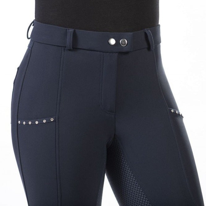 Pantalon d'équitation en softshell doublé polaire pour cavalières du 34 au 46 HKM Monaco full grip marine porté détail