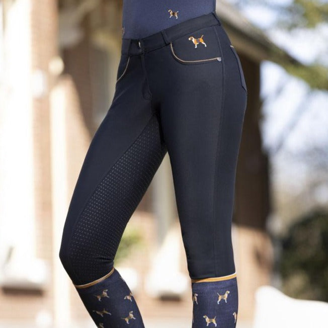 Pantalon d'équitation full grip pour cavalières HKM Beagle marine porté