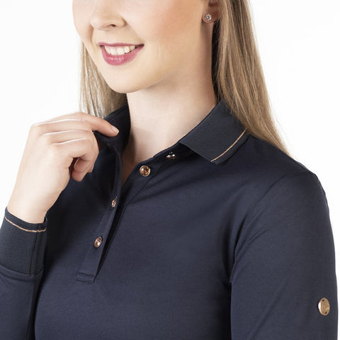 Polo à manches longues pour cavalières HKM Glamour marine porté