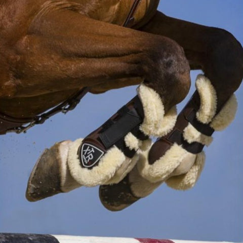Protège-tendons doublés mouton synthétiques pour poneys et chevaux Norton XTR marron portés