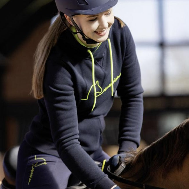 Sweat à capuche pour cavalières HKM Equestrian marine et vert fluo