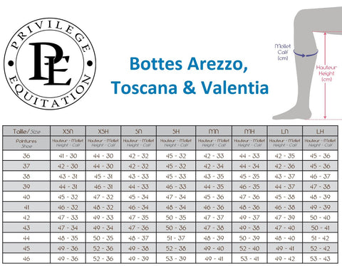 Tableau des tailles pour les bottes Privilège Equitation Arezzo, Toscana et Valentia