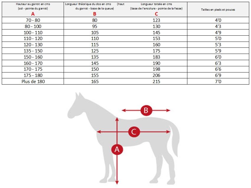 Tableau de tailles pour les couvertures et chemises pour poneys et chevaux