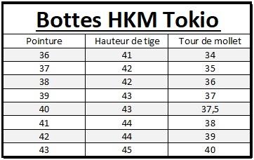 Tableau de tailles des bottes d'équitation HKM Tokio