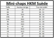 Tableau des tailles pour les mini-chaps d'équitation HKM Suède en taille enfant et adulte