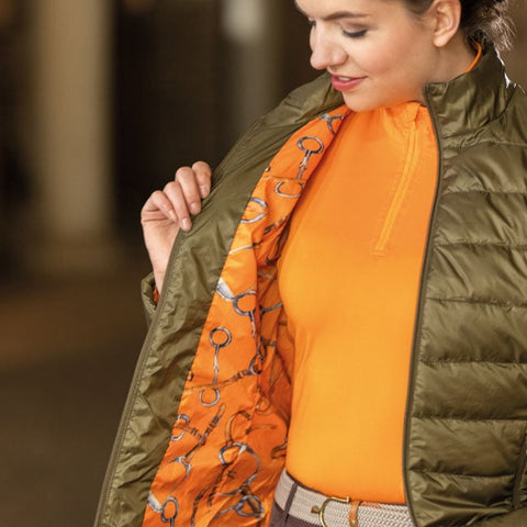Veste matelassée légère pour femmes du XXS au XL HKM Allure kaki portée intérieur orange à motifs